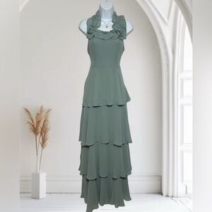 NWT! Lulu's Sage Green Ruffled Maxi Dress Halter Neck Elegant Dress Size Small